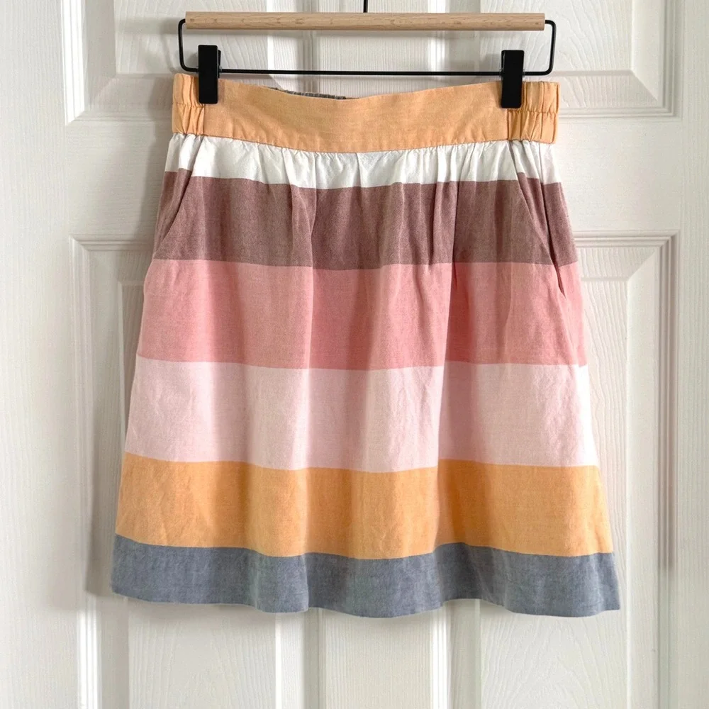 Loft Ann Taylor Striped Linen Blend Mini Skirt Orange Pink XS Pockets Elastic